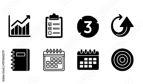Project management and business progress icons featuring black silhouette vector graphics for task tracking and professional workflow optimization