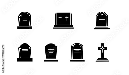 Black tombstone icon collection vector cemetery grave silhouette set isolated on white background