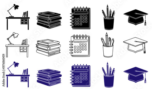 Academic and office workspace icons featuring desk lamp stacked books calendar pen holder and graduation cap in vector line style
