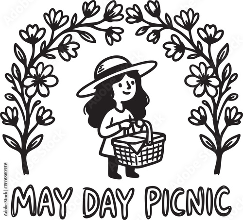 Whimsical hand-drawn of a young girl with a basket and hat under a floral archway with May Day