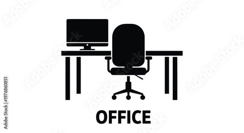 Minimalist vector graphic design showing a professional modern office workspace with a computer monitor and swivel desk chair
