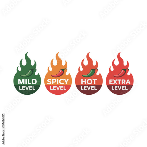 A graphic illustration of four chili pepper heat levels icons