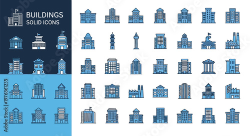 Modern vector illustration showcasing a comprehensive collection of diverse solid icons representing various architectural buildings.