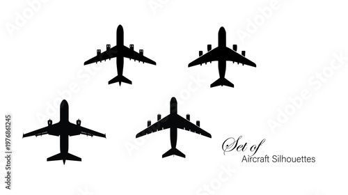 Set of Aircraft Silhouettes: Top View of Different Commercial and Military Airplane Icons