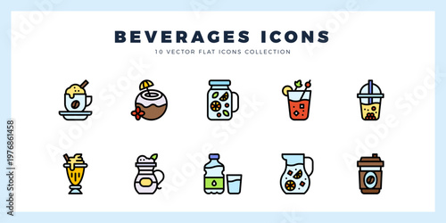 10 Beverages Lineal Color icons pack. vector illustration.