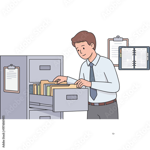 Man takes files from office drawer beside filing cabinet