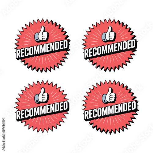 Four red recommended stickers with thumbs up on white background