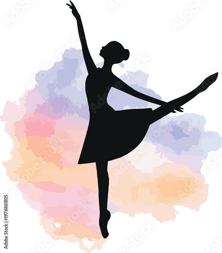 Graceful ballet dancer silhouette with pastel watercolor background, elegant artistic pose vector illustration design