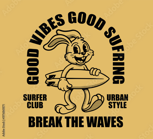 Photography Vector illustration of a t-shirt design retro cartoon rabbit holding surfboard w