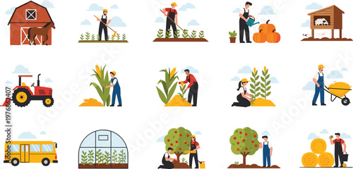Farm Agriculture Icon Set with Farmers Tractor Crops Barn Greenhouse Harvesting and Rural Farming Activities Illustration Collection