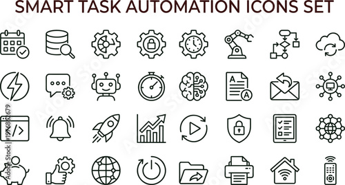 Smart task automation outline vector icon set for workflow productivity dashboards analytics interfaces systems and digital technology applications