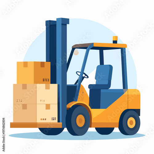 Illustration of a yellow forklift truck carrying stacked cardboard boxes, symbolizing logistics and warehouse operations