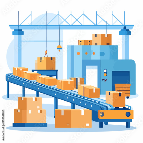 Automated industrial packaging and distribution line with conveyor belts and boxes, representing efficient logistics and manufacturing processes