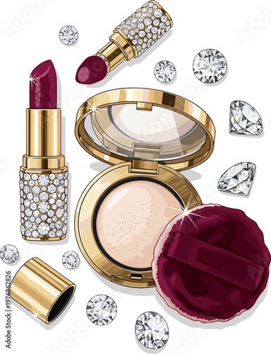 Luxury makeup items, including a diamond-encrusted lipstick, a golden compact with a mirror, and a velvet cushion, scattered with diamonds, exuding opulence and glamour