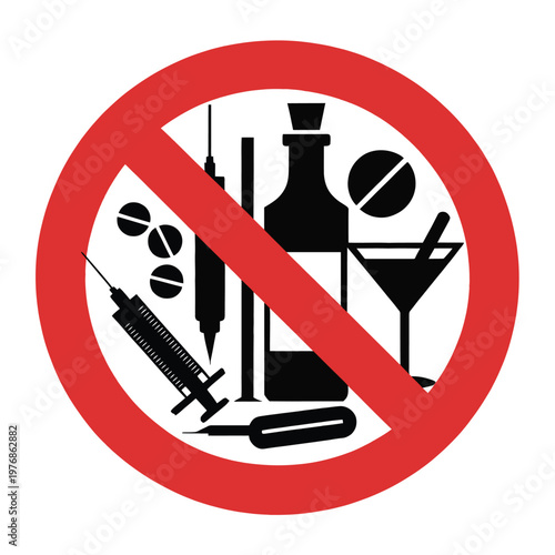 A red prohibition sign indicating no drugs or alcohol allowed