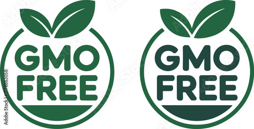 Two GMO free logos with green leaves on white background