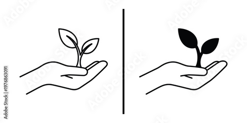 Hand holding young plant sprout icon set for environmental protection and growth.