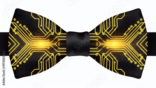 A stylish black bow tie features a detailed circuit board pattern in gold, creating a unique and modern accessory against a clean white background.