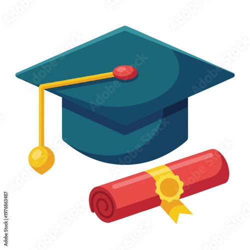 An isometric illustration of a blue graduation cap with a yellow tassel and a red rolled diploma with a gold seal.