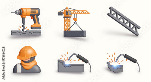 Collection of construction and welding icons featuring tools, equipment, and a worker in a hard hat.