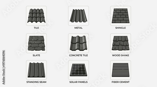 A set of roof material icons in a flat vector style.