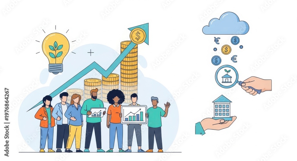 Naklejka premium Business Growth Concept with Diverse Team and Financial Elements