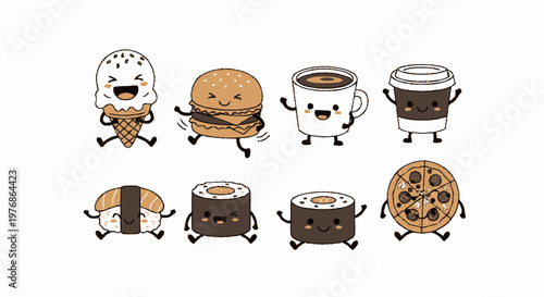 Delightful Cartoon Food Characters Smiling and Waving in Joyful Scene.