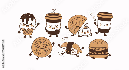 Delightful Cartoon Food Characters Smiling and Waving in Joyful Scene.