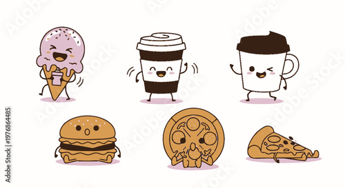 Delightful Cartoon Food Characters Smiling and Waving on White Background.