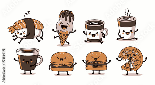 Delightful Cartoon Food Characters Smiling and Waving in a Row.