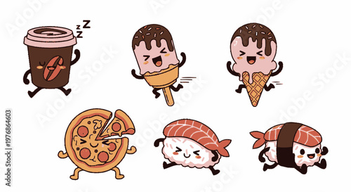 Delightful Cartoon Food Characters with Happy Expressions and Lively Poses.