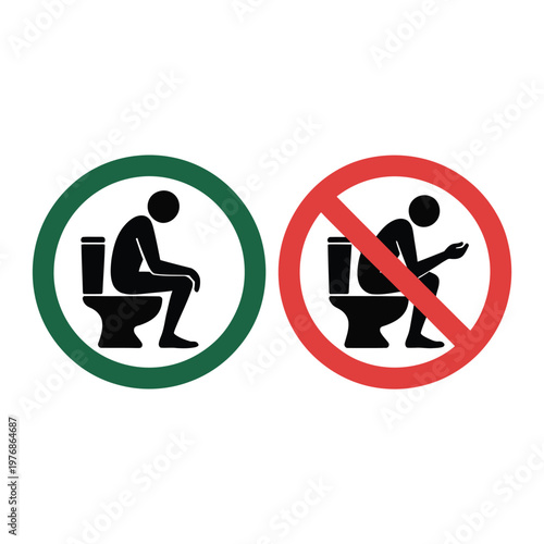 A graphic illustration of proper and improper toilet etiquette signs