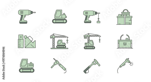 Construction and industrial tools set with drills, excavators, cranes, and toolboxes.