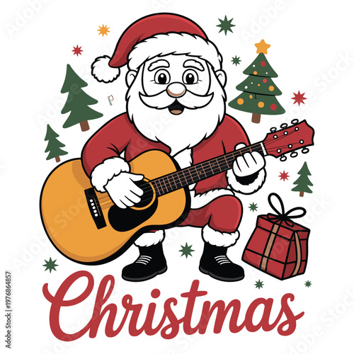 Cartoon santa claus playing acoustic guitar with christmas trees and gift