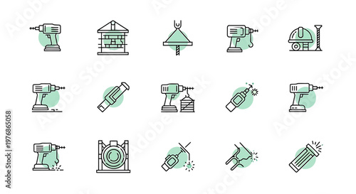 Set of construction tools and equipment line icons.