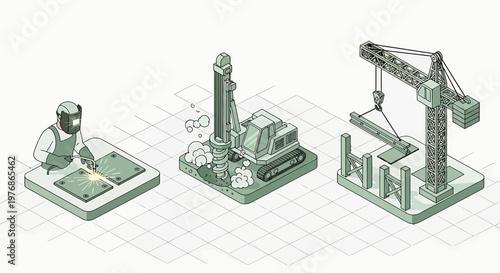 Isometric construction site with worker, drilling rig, and crane building a structure.