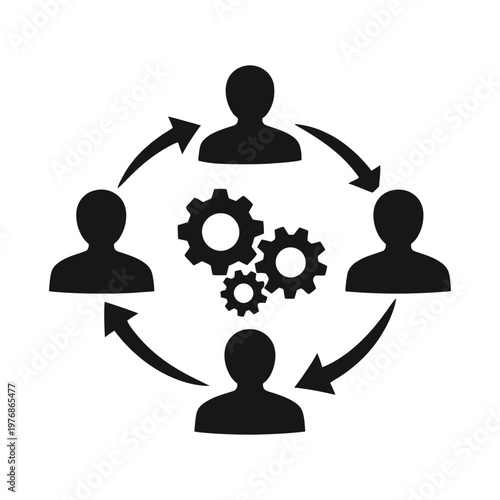 Business teamwork concept icon with human silhouettes around rotating gears in a circle.