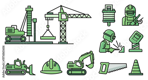 Construction site equipment and worker tools set.