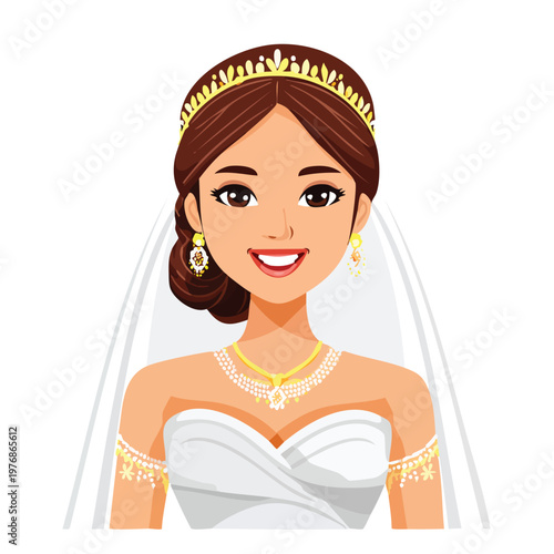 Elegant bride portrait with a crown smiling in a white wedding dress