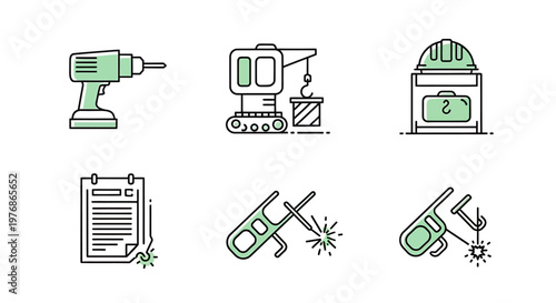 Industrial Tools and Equipment Line Art Icons Set.