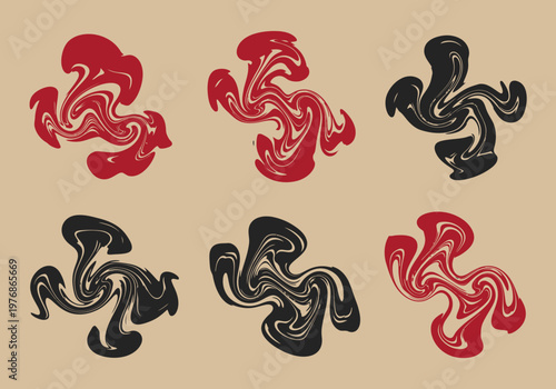 Set of Abstract Swirled Liquid Ink Shapes in Red and Black, Fluid Marble Textures for Graphic Design