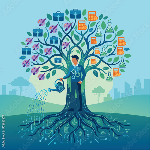 A flat vector image showing an AI Enablement Lead standing at the center of a growing tree. The leaves of the tree are diverse icons representing different departments 