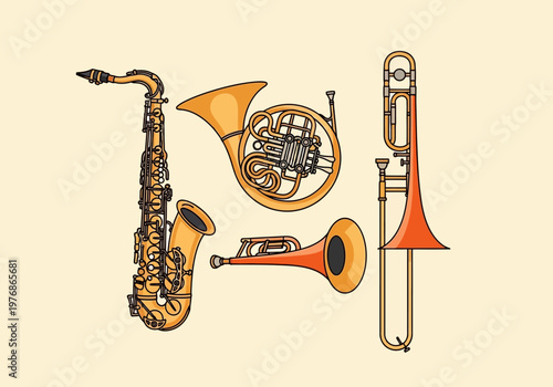 Set of Brass and Wind Musical Instruments Illustration Including Saxophone, Trumpet, Trombone, and French Horn in Flat Vector Style
