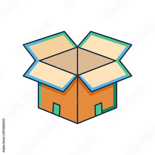 Open cardboard box icon with inner flaps visible for unpacking experience and recycle material concepts for environmentally friendly packaging designs and residential moving house relocation task.
