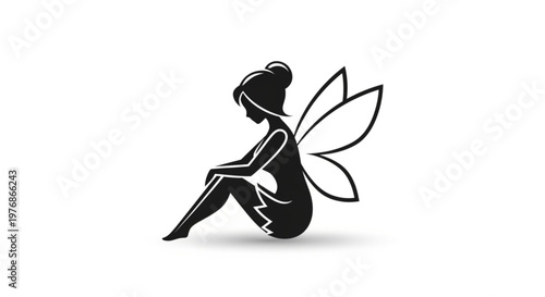 Black silhouette fairy sitting wings spread vector art