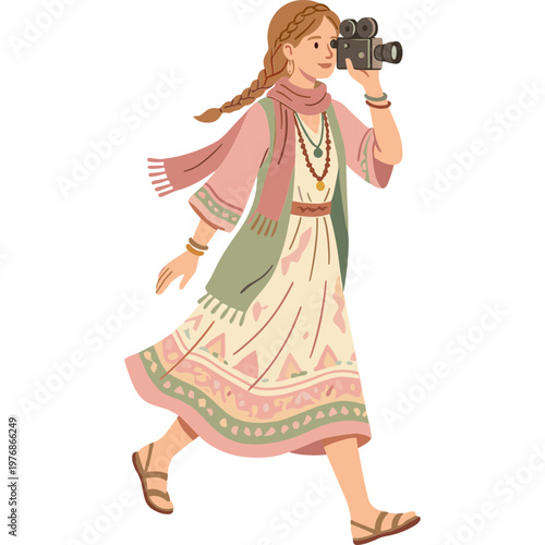 Woman walks while capturing moments with her camera outdoors.
