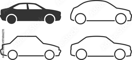 Car icon set featuring sedan vehicle silhouettes and outline styles for transportation automotive design minimal vector collection isolated on white background