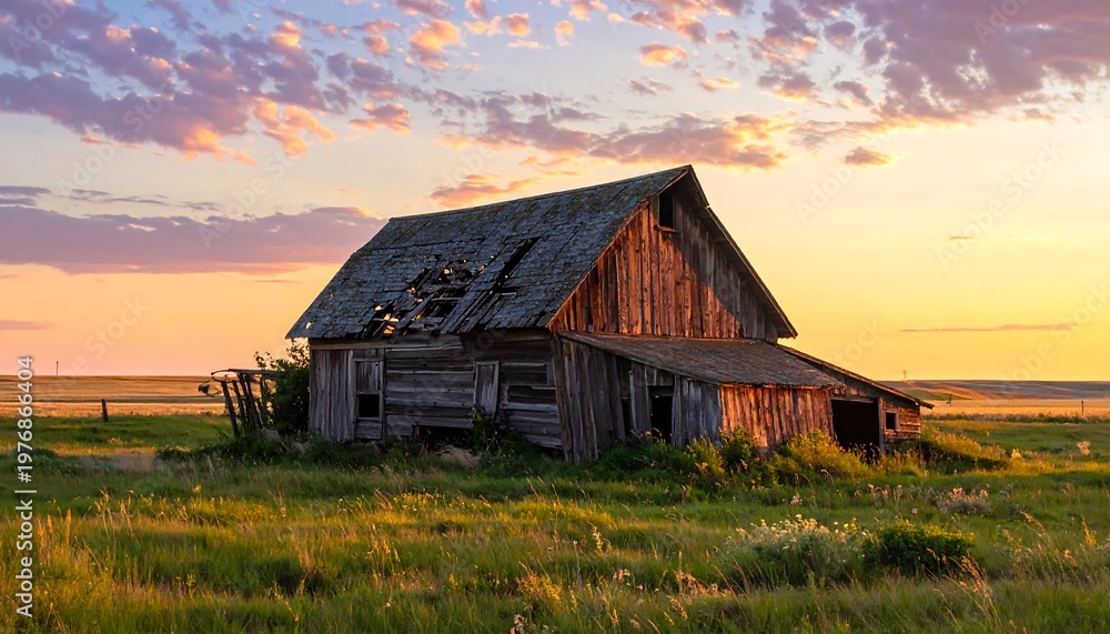 Fototapeta premium A weathered barn at sunset in a serene rural landscape