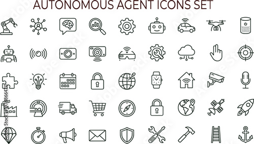 Autonomous agent outline vector icon set for robotics automation smart technology dashboards interfaces workflow systems and digital innovation applications