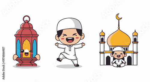Joyful Muslim Boy Celebrating Ramadan with Lantern and Mosque.